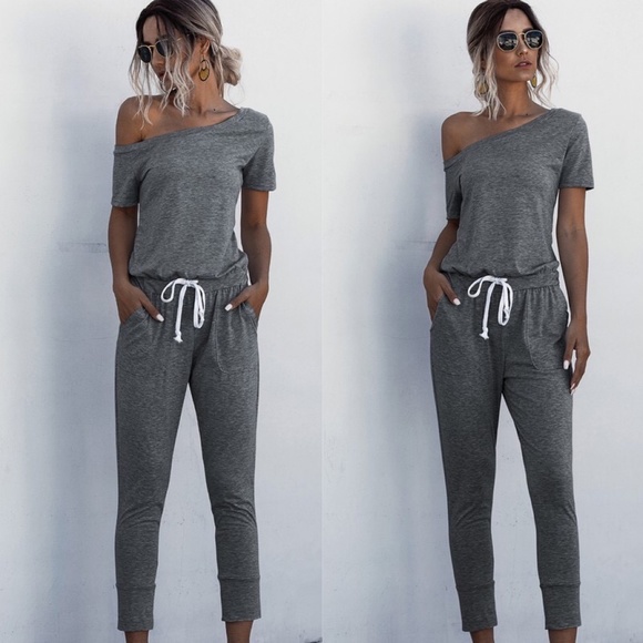 Pants - C IN STOCK EMILIE Off Shoulder Charcoal Jump…